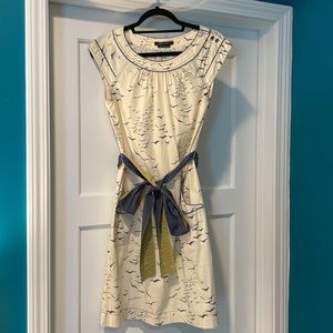 Vintage BCBG BLUE CREAM BIRD PRINT BELTED DRESS SIZE SMALL Kimono style belt
